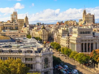 Madrid cityscape and aerial view of of Gran Via shopping street, Spain.